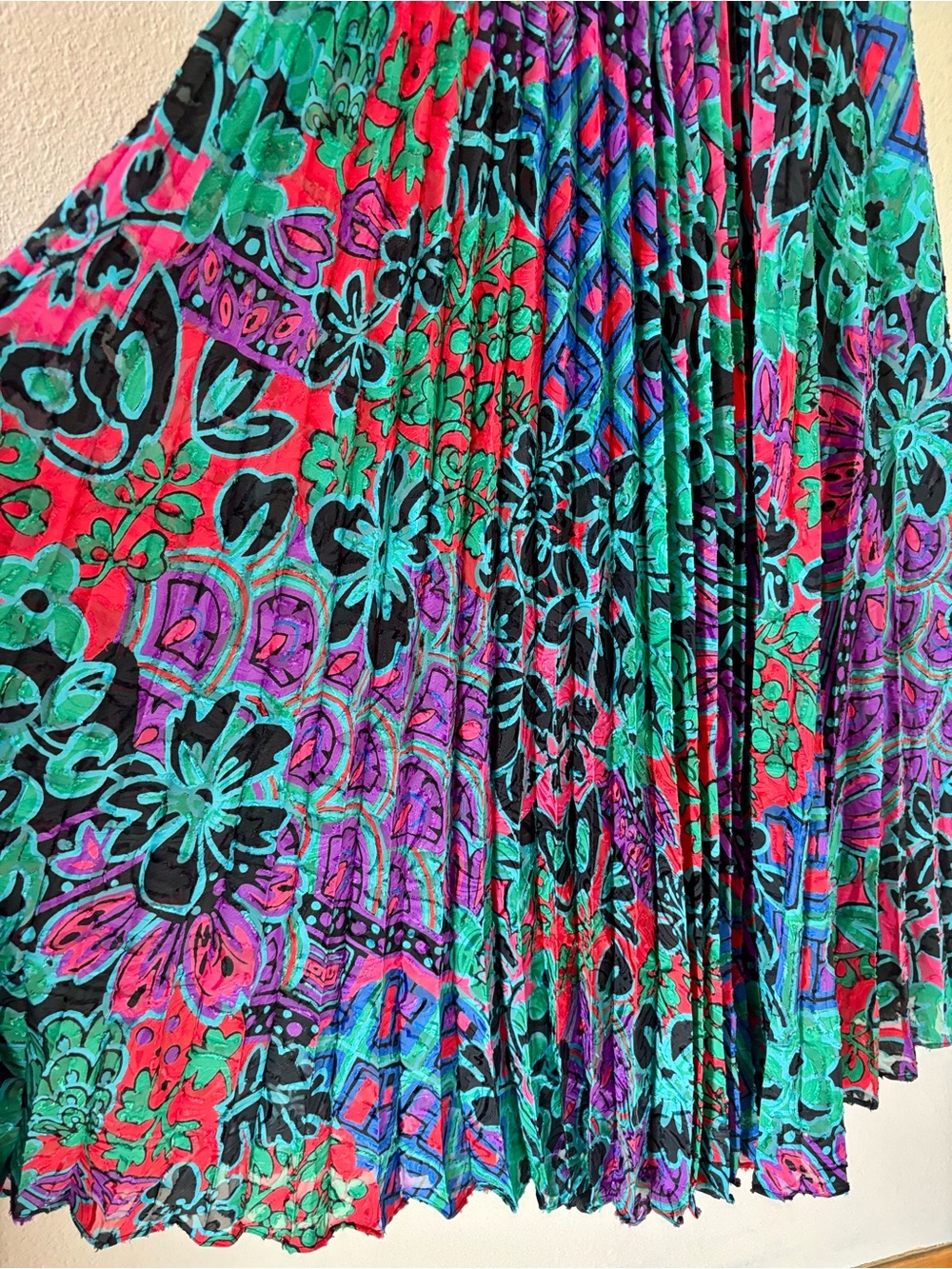 Diane Freis 1980s Dress L XL Colorful Floral Geometric Pleated Midi Maximalist - Picture 6 of 13